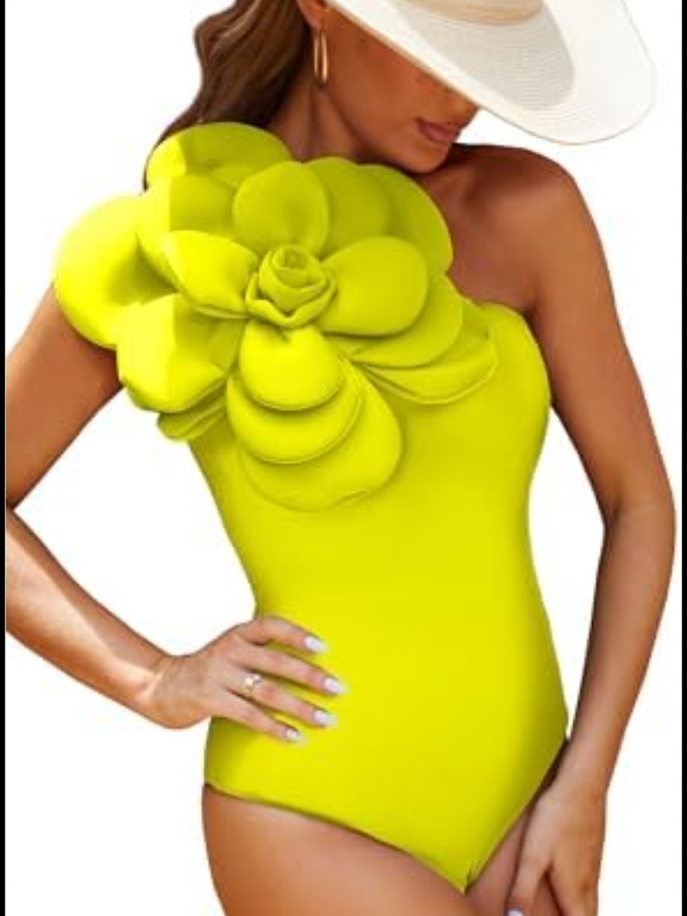 SHEIN Lime One-Shoulder Floral Appliqué One-Piece Swimsuit